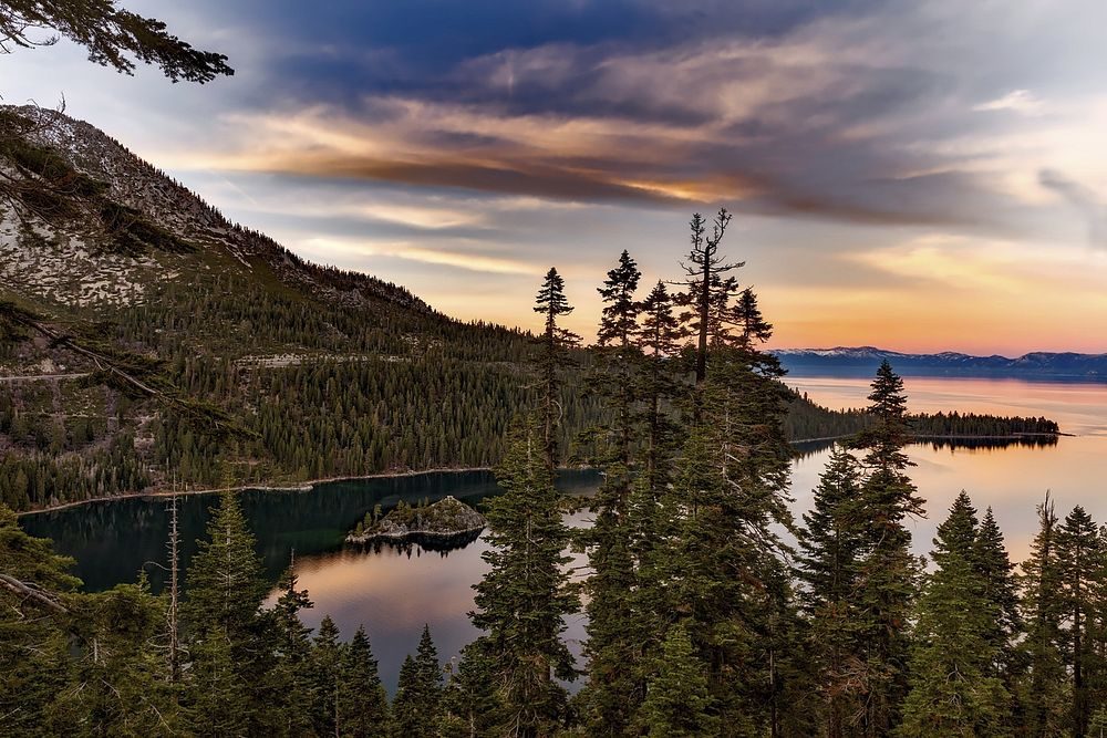 Sunset over Emerald Bay in South Lake Tahoe in summer
