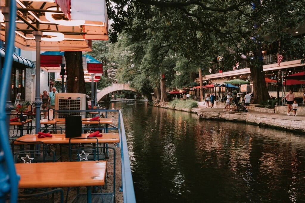 Riverside restaurant patios along the San Antonio River Walk