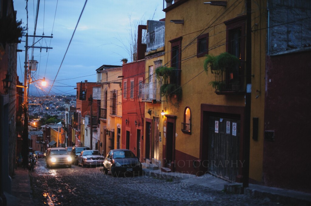 Colorful colonial street in San Miguel de Allende at dusk